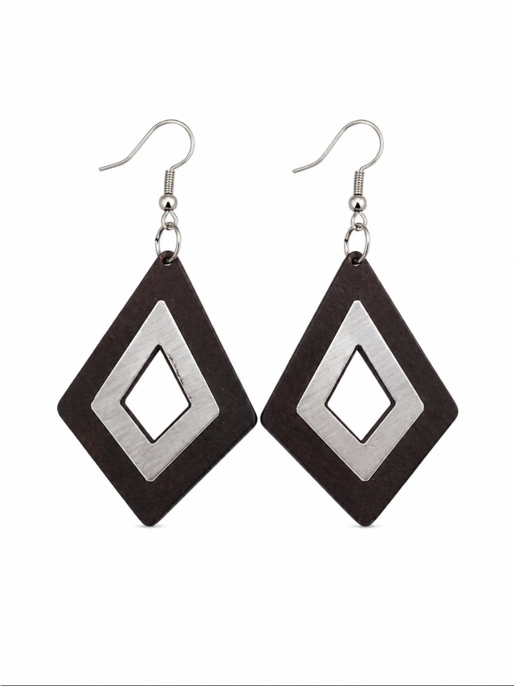 Brown & Silver Wood Geometric Diamond Dangle Earrings